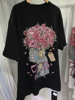 Plus Size Tops For Women Flower Graphic Tees Short Sleeve Rhinestone T Shirts Casual Summer Oversized 1