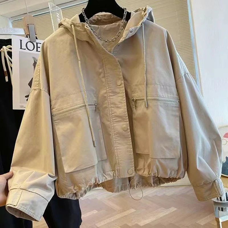 Camel Loose Beading 2025 Spring Oversized Pocket Ladies High Street Shiny Outwear Jacket