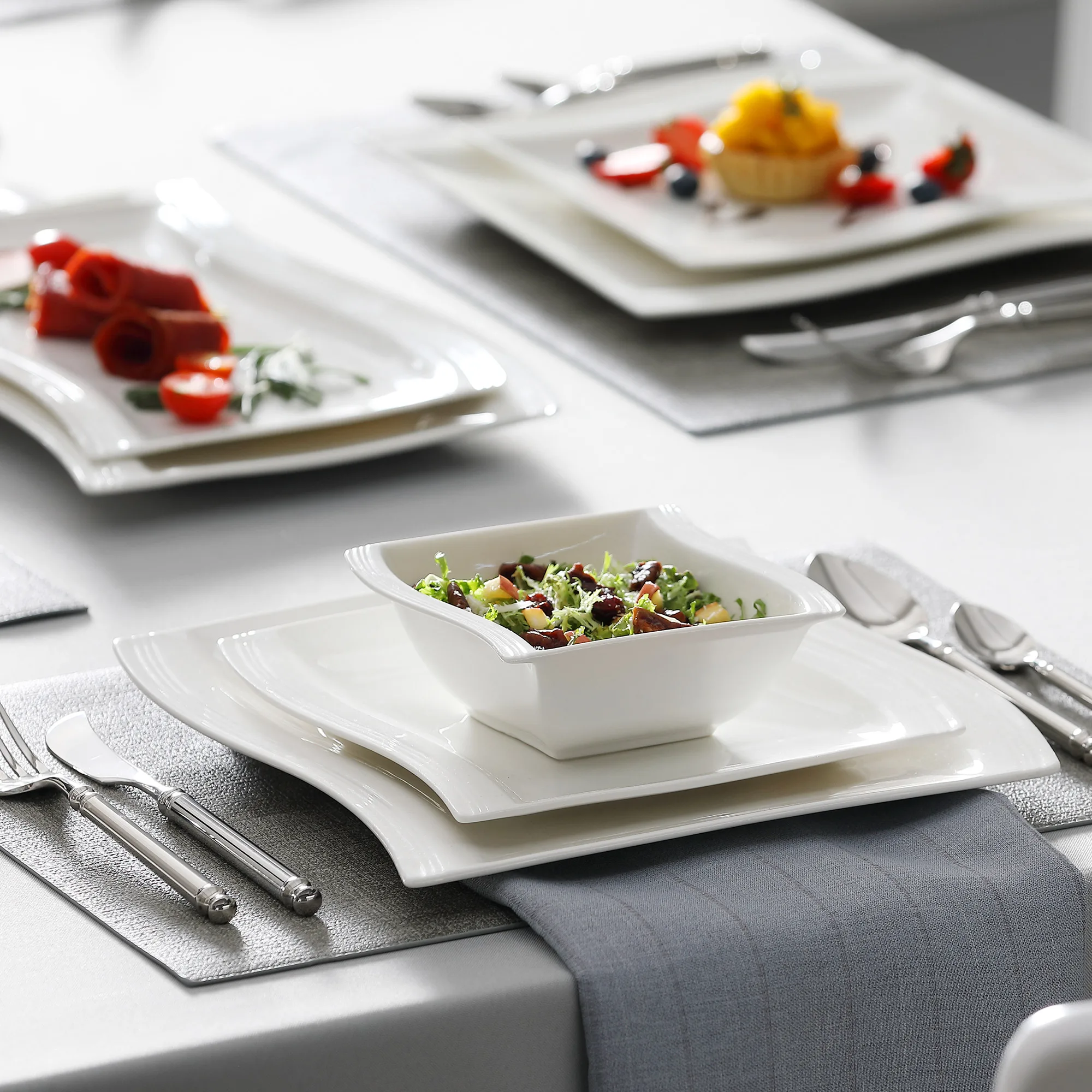 MALACASA 26-teiliges Keramik-Porzellan-Geschirrset mit Schüsseln, Dessert-Suppen-Essteller, rechteckiges Teller-Set, Service für 6 Personen – Detail 7