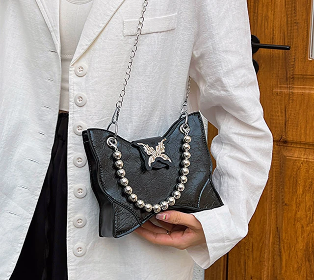 Butterfly Shaped Crossbody Bag Steel Pearl Chain Handbag for Women Y2K  Style PU Leather Shoulder Bag Luxury Designer Tote Bag