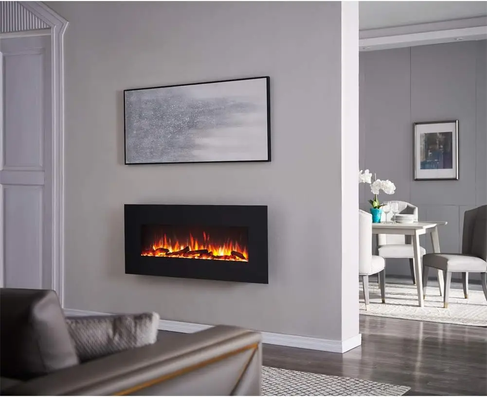 50 Inches Wall Mounted Linear Electric Fireplace with Log Set & Crystal, Adjustable Flame Color and Speed, 750 / 1500W Heater