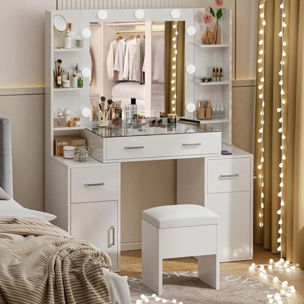Makeup Vanity Desk Glass Top Vanity Charging Station Mirror 9 LED Lights Desk 3 Lighting Modes Adjustable