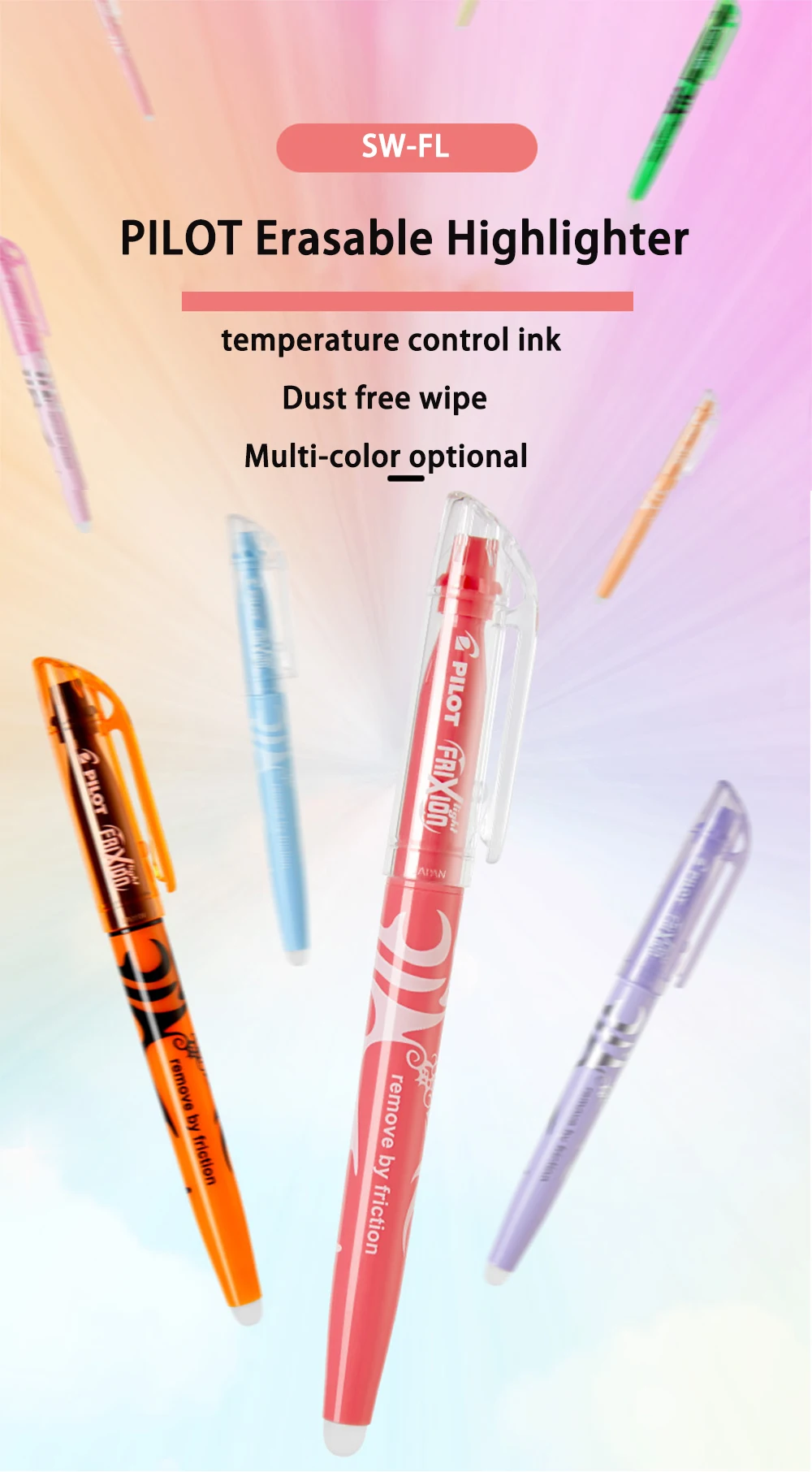 FriXion Highlighter Pen Heat Erasable, Chisel Point in 5 colors