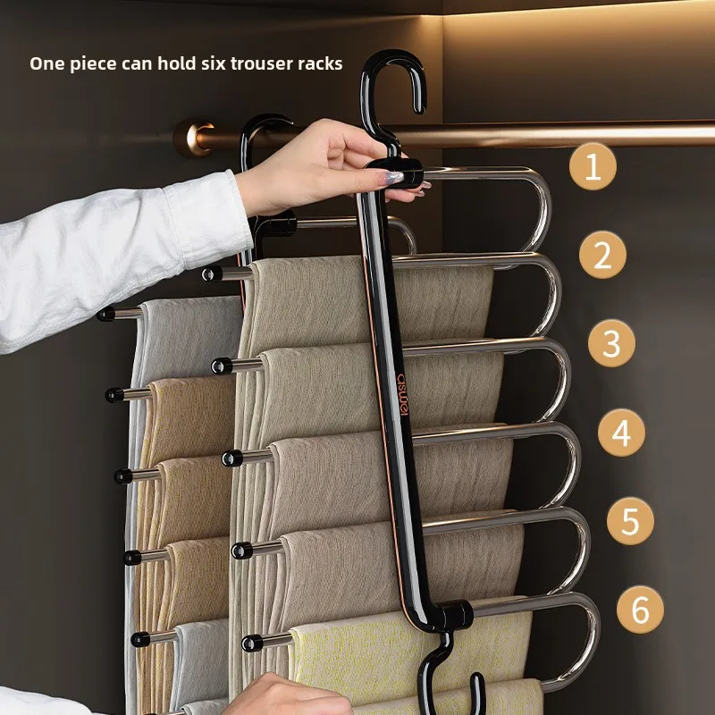 Clothes Hanger Pants Rack Multi-Layer S-Shaped Wardrobe Pants Storage Rack 6 in 1 Save Space Home Multi-functional Closet Anti Slip Metal Clothes Hanger