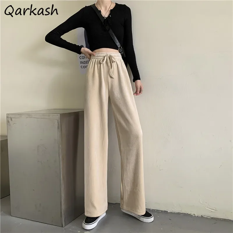 

Winter Pleuche Casual Pants Women High Waist Wide Leg Aesthetic Thicker Solid Warm Drawstring Vintage Streetwear Korean Style