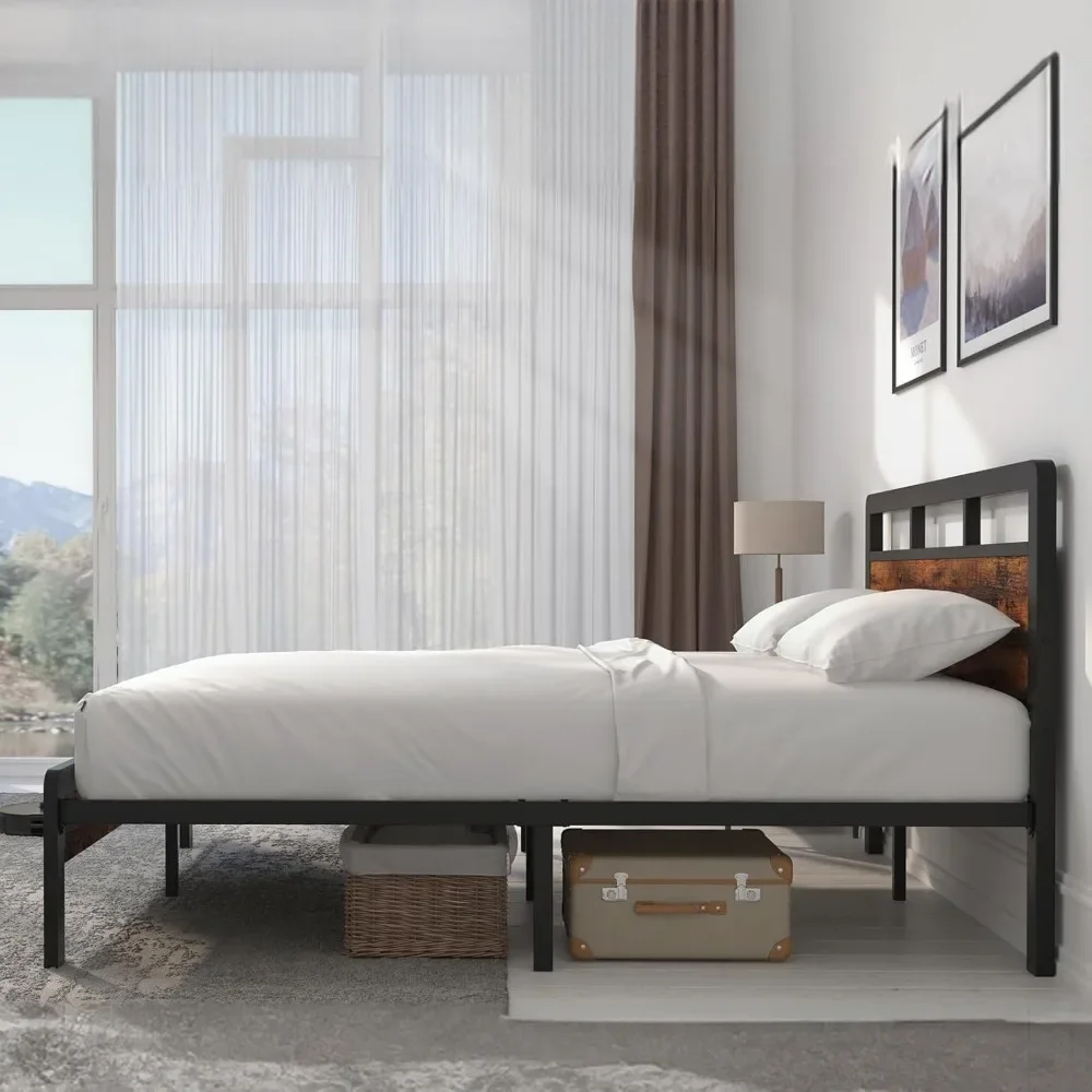 Queen Bed Frame, Mattress Foundation Metal Platform w Wood Headboard and Large Under Bed Storage,Noise-Free,No Box Spring Needed 3