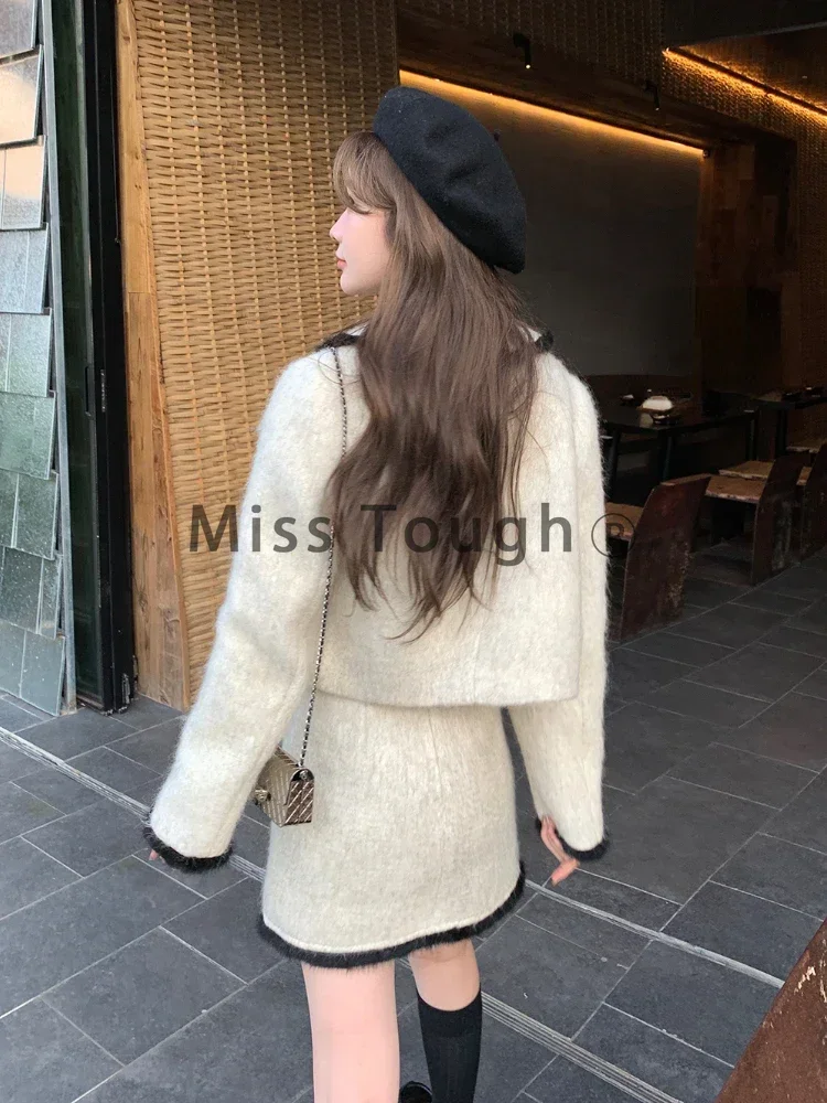 Winter Warm Vintage Two Piece Skirt Set Women Bow Fur Coat+