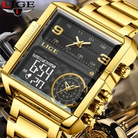 LIGE New Top Brand Luxury Fashion Men Watches Gold Steel Sports Square Digital Analog Big Quartz Watch for Man relogio masculino