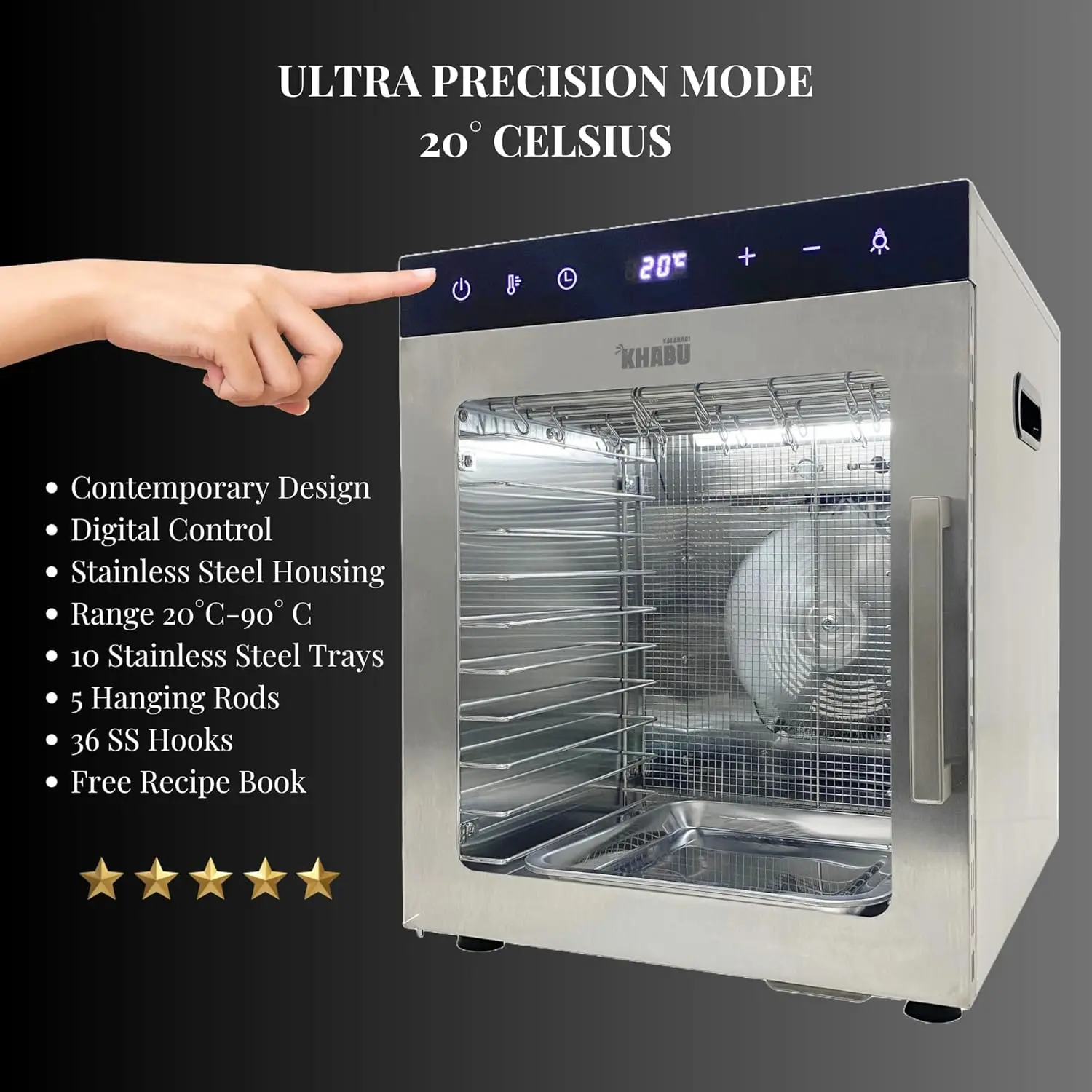 Stainless Steel Biltong Box Food Dehydrator and Drying Cabinet - Large 10 Trays 5 Hanging Rods with 20-90°C Temperature Control 6
