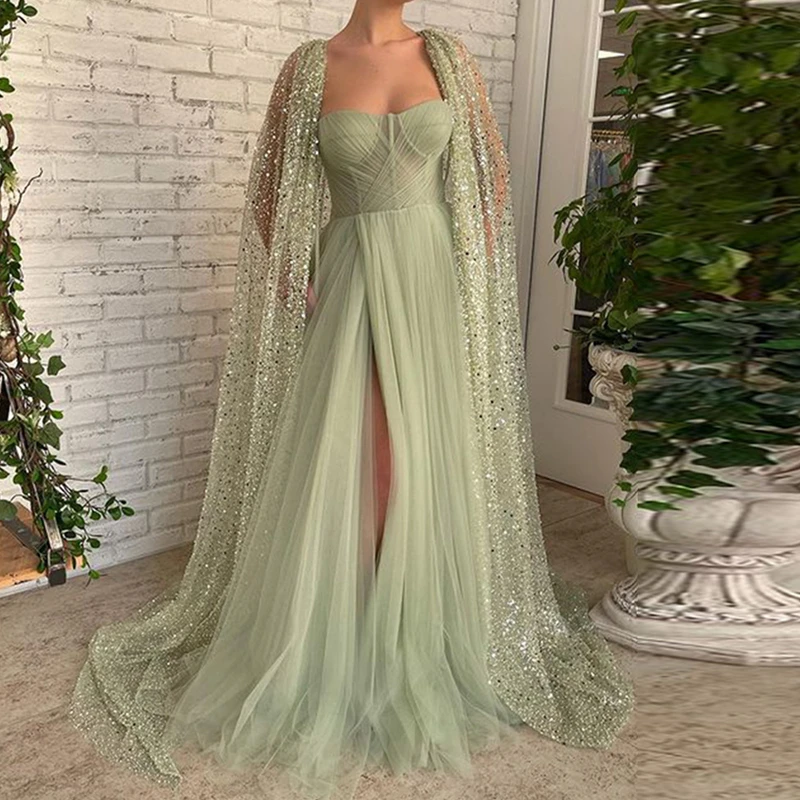 evening gowns with sleeves 2022 Green Tulle Evening Dresses 2022 Sparkly Glitter Jacket Prom Dresses Sweetheart Side Slit Party Gowns Robe De Soirée Femme sexy evening gowns