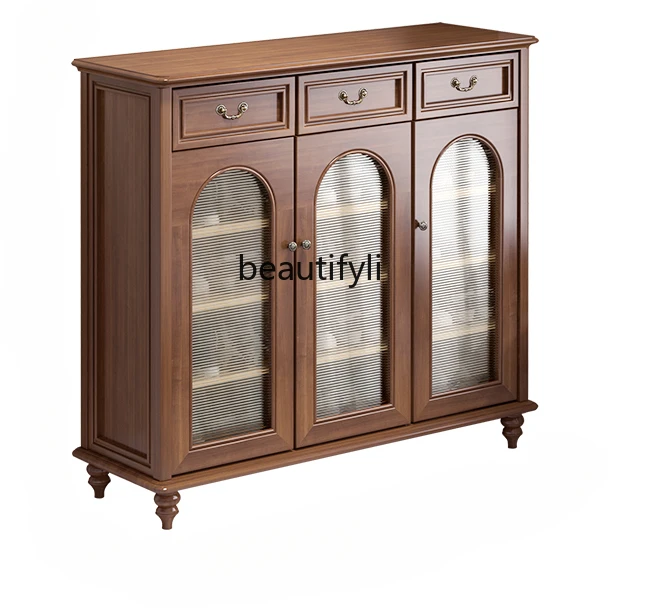 Pure Solid Wood American Retro French Hallway Log Door Shoe Cabinet Home Doorway