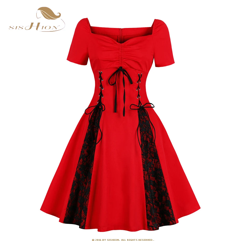 

Oversized S-4XL Summer Elegant Gothic Punk Lace Patchwork Vintage Dress 50s Rockabilly Retro Pinup Bandage Swing Dress SR556