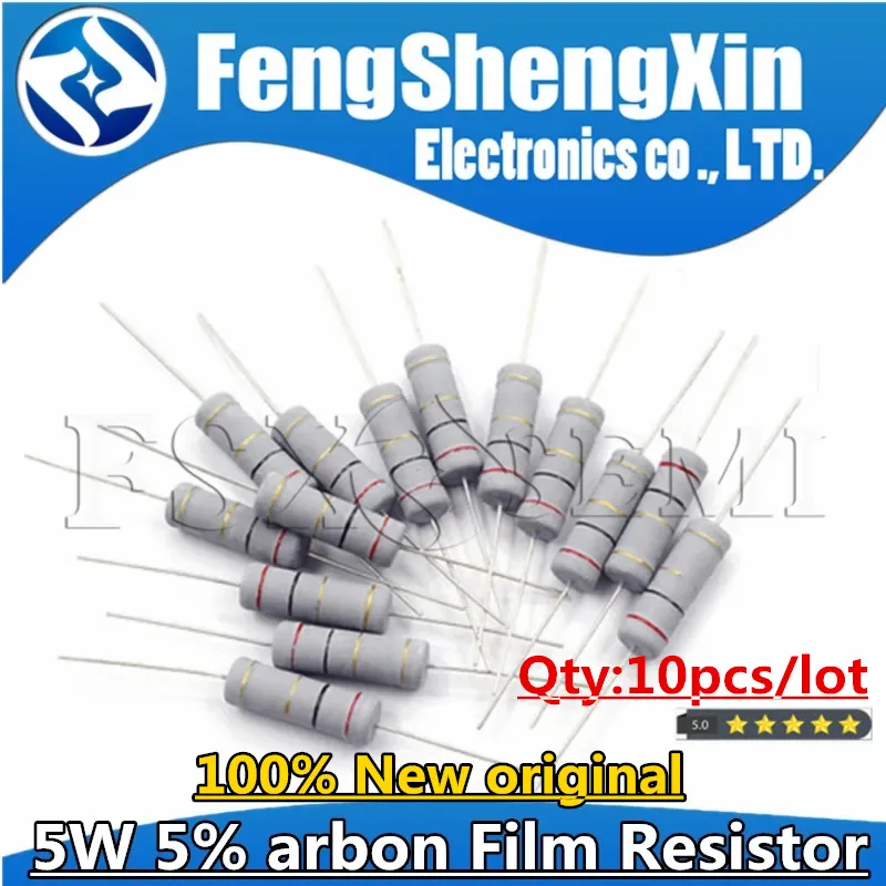 10pcs/lot 5W 5% Carbon Film Resistor 1R ~ 1M 2.2R 10R 22R 47R 51R 100R 150R 470R 1K 4.7K 10K 47K 1 2.2 10 22 47 51 100 150 470