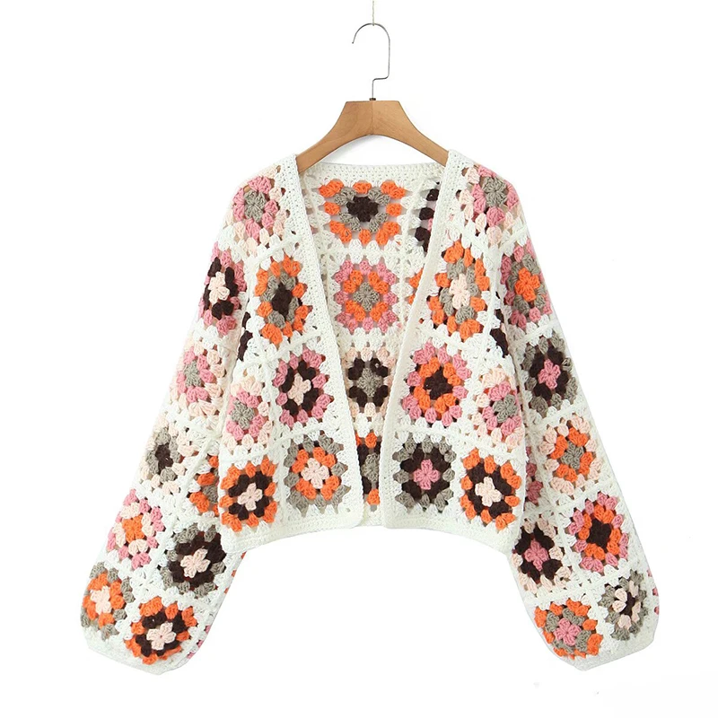 

YENKYE 2024 Geometric Plaid Hand Made Crochet Crop Cardigan Women Long Sleeve Short Boho Sweater Open Stitching Holiday Knitwear