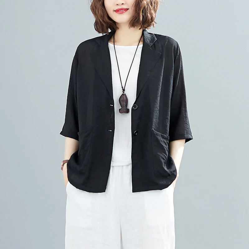 

Thin Cotto Linen Women Tailored Coat 2022 Summer Vintage Loose Pocket Half Sleeved Office Lady Elegant Blazers Outwear Coat Tops