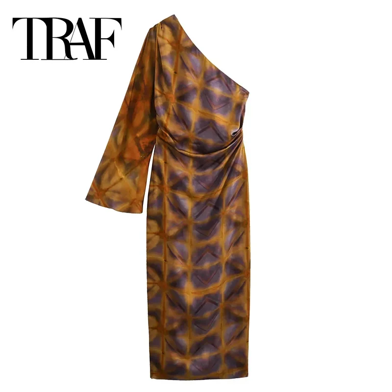 

TRAF Asymmetric Print Dress Women Satin Long Vintage Summer Dress Woman 2024 Off Shoulder Long Sleeve Elegant Party Dresses