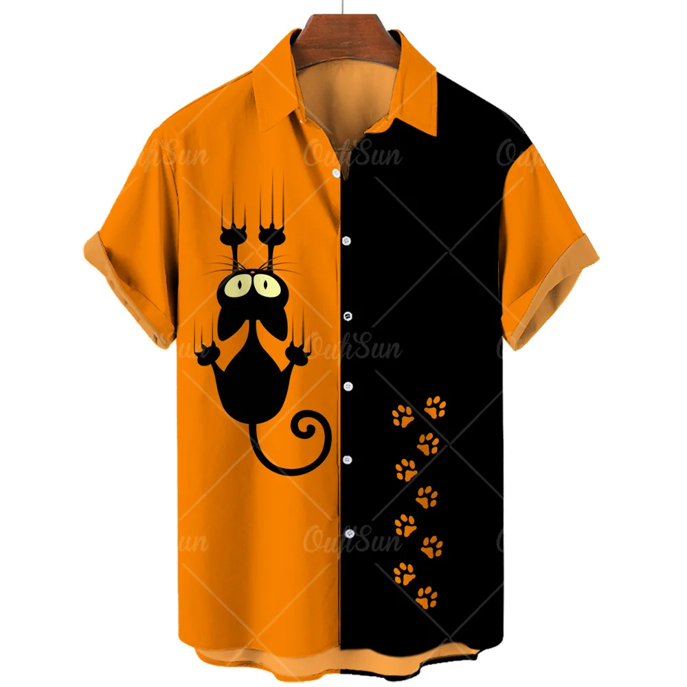 

Summer Hawaiian Beach Shirts Retro 3D Cat Animal Fashion Beach Short-sleeved Oversized Shirt Men Camisa Masculina 5XL