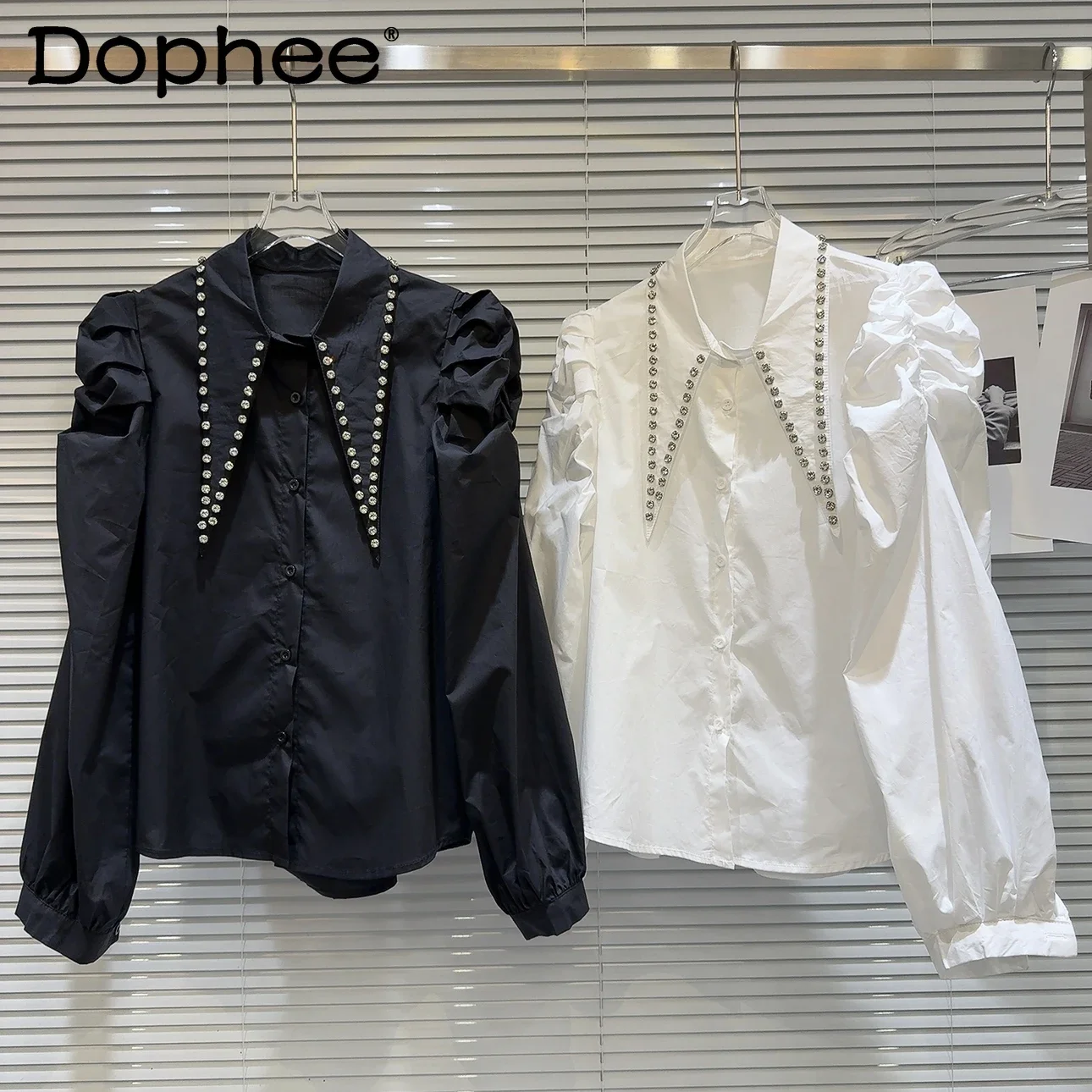 

Retro Puff Sleeve Elegant Socialite Solid Color Shirts Spring Autumn New Rhinestone Pointed Collar Edge Long Sleeve Blouse Women
