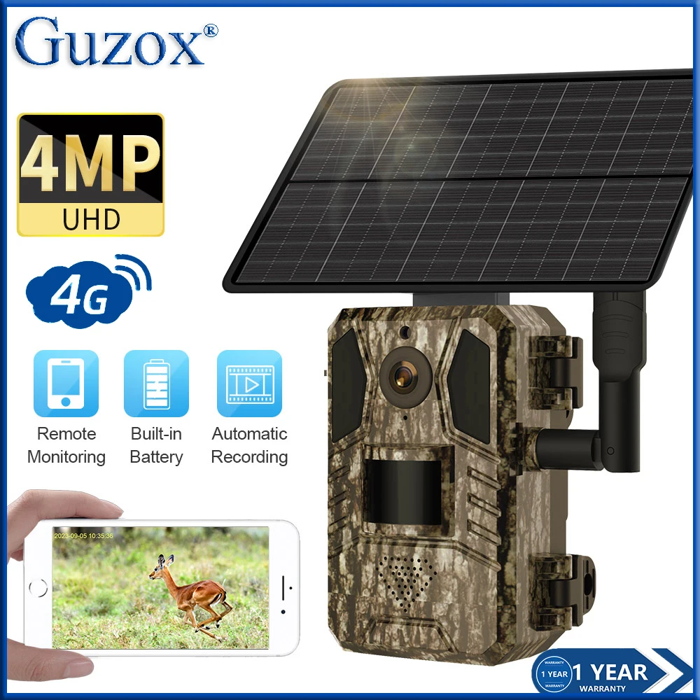 

Guzox 4 МП наружная камера 4G, беспроводная сим-карта, двухсторонний голос IP66, водонепроницаемая охотничья камера на солнечной батарее