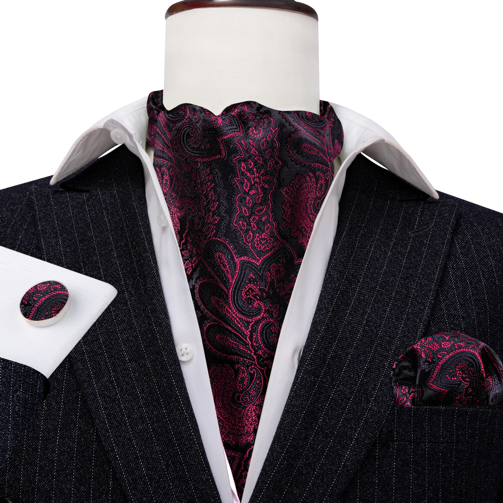 Neck Tie Barry.Wang Silk Men's Ascot Handkerchief Cufflinks Sets Designer Jacqaurd Cravat For Male Formal Casual Wedding Business