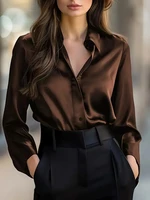 Elegant  Satin Long Sleeve Blouse for Women   Button-Up Collar Shirt Perfect for Casual or Professional Wear - Image 6