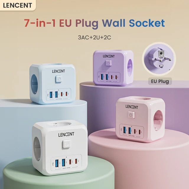 LENCENT 7-in-1 EU Plug Wall Socket Extender with