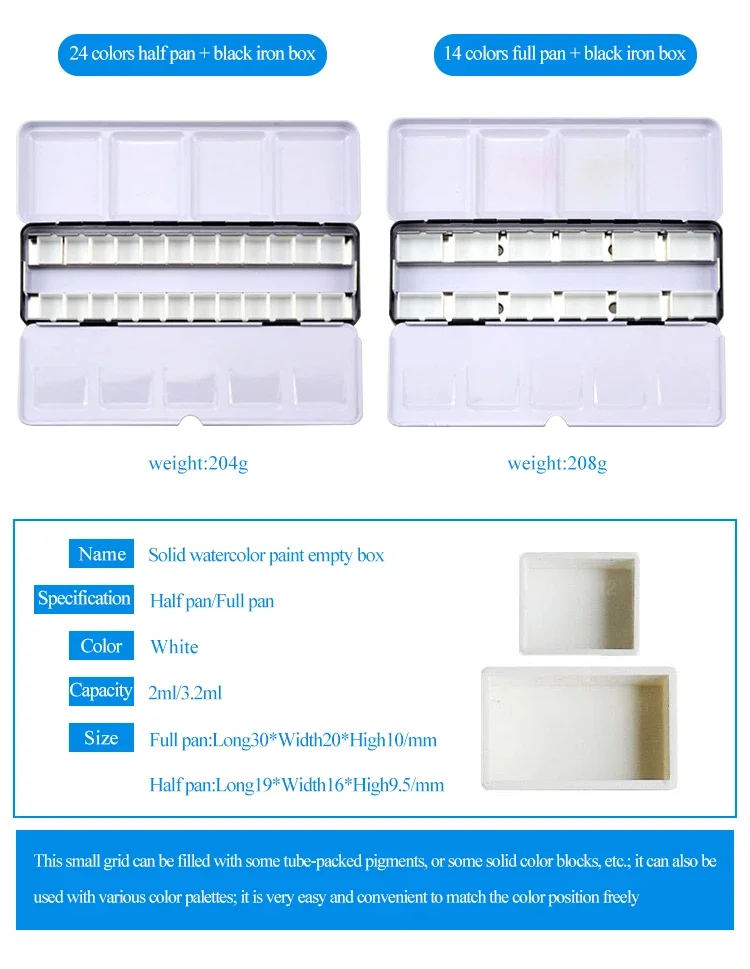 Leere Aquarellfarbenbox – Voll-/Halbpfännchen/Gitter/Block/Etui/Box – Leere Aquarell-Unterverpackungsbox für Künstlerpigmente – Detail 3
