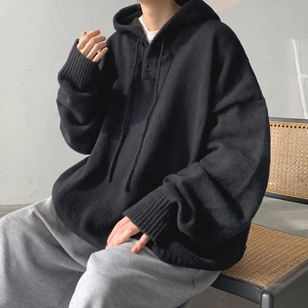 

2023 Men's Autumn and Winter Knitted Drawstring Skincare Sports Fashion Casual Hooded Pullover Warm Knitted Solid Color Top