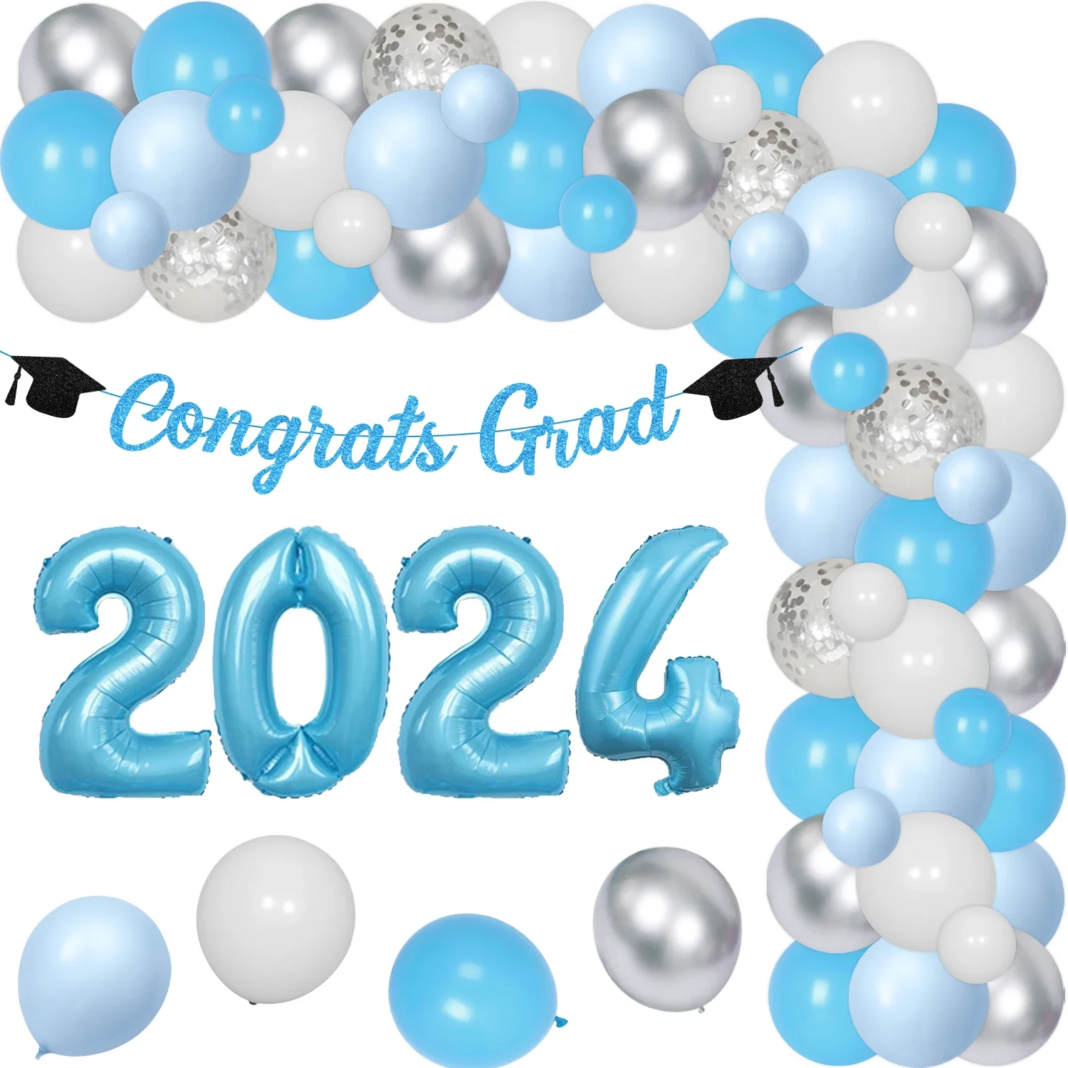 

Graduation Decor with Glitter Congrats Grad Banner, Garland Kit, Mortarboard Confetti Balloons, Night Party, Class of 2024