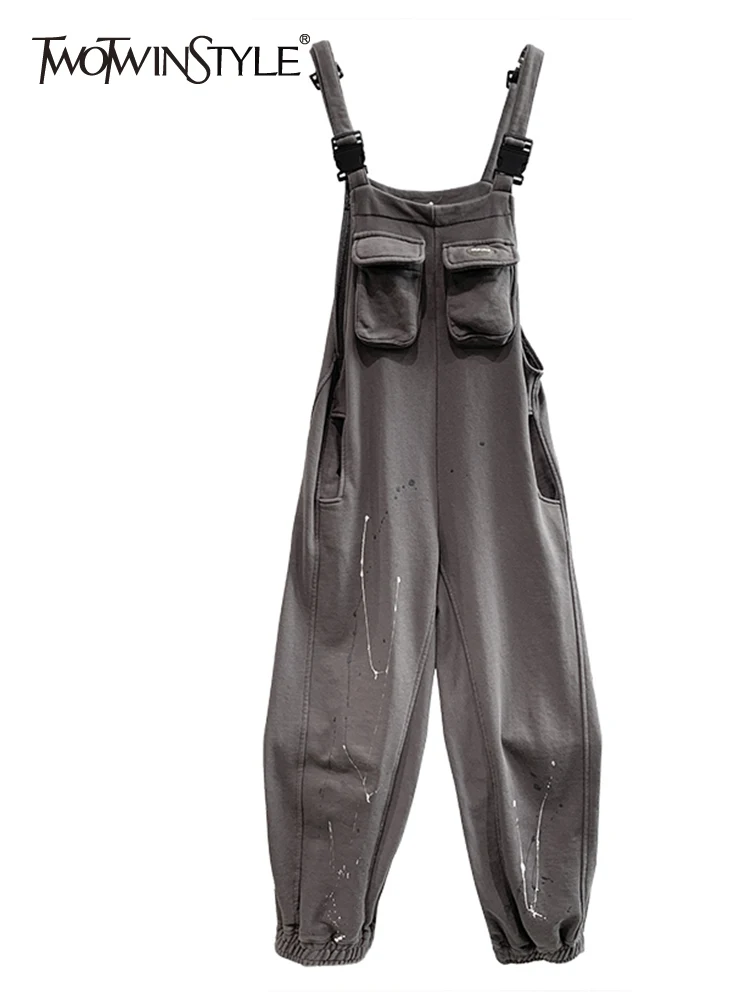 

TWOTWINSTYLE Vintage Jumpsuits For Women Square Collar Sleeveless High Waist Patchwork Pockets Solid Wide Leg Pants Female Style