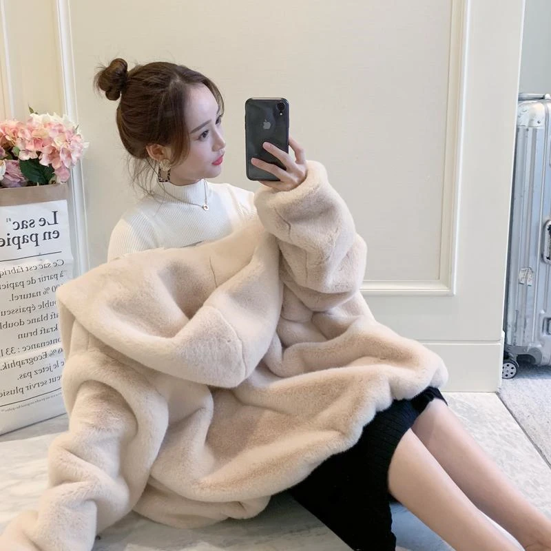 Women Winter Zipper Faux Fur Mink Fluff Coat Loose Sweet Style With Fur Trim Hood Jacket Fashion Thick Warm Fur Short Outerwear