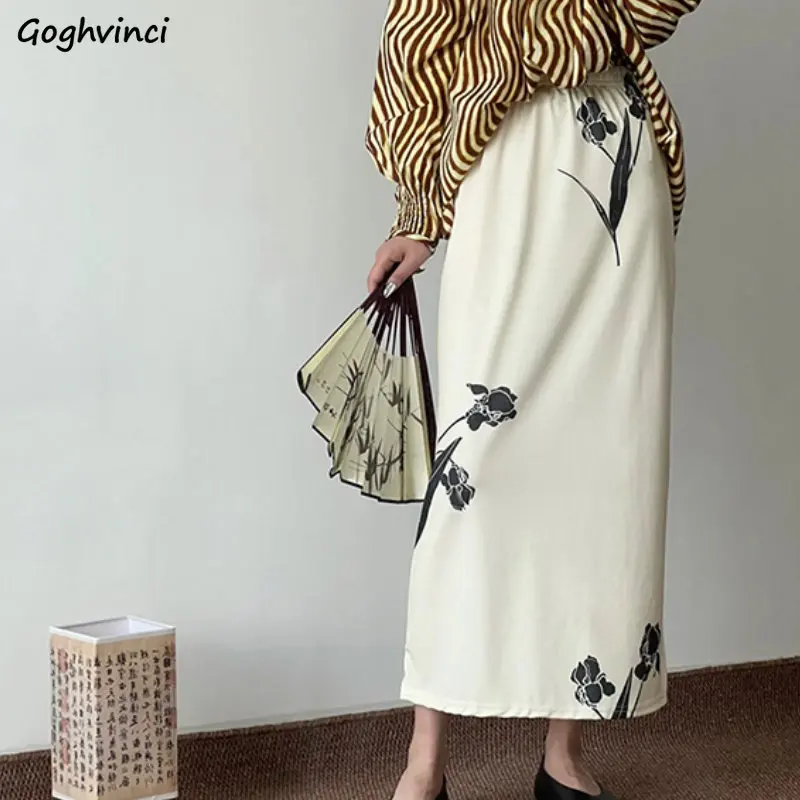 

Rose Printed Skirts Women Vintage Literary Female Elegant Summer Loose Side-slit Chinese Style Casual Streetwear Empire Fashion