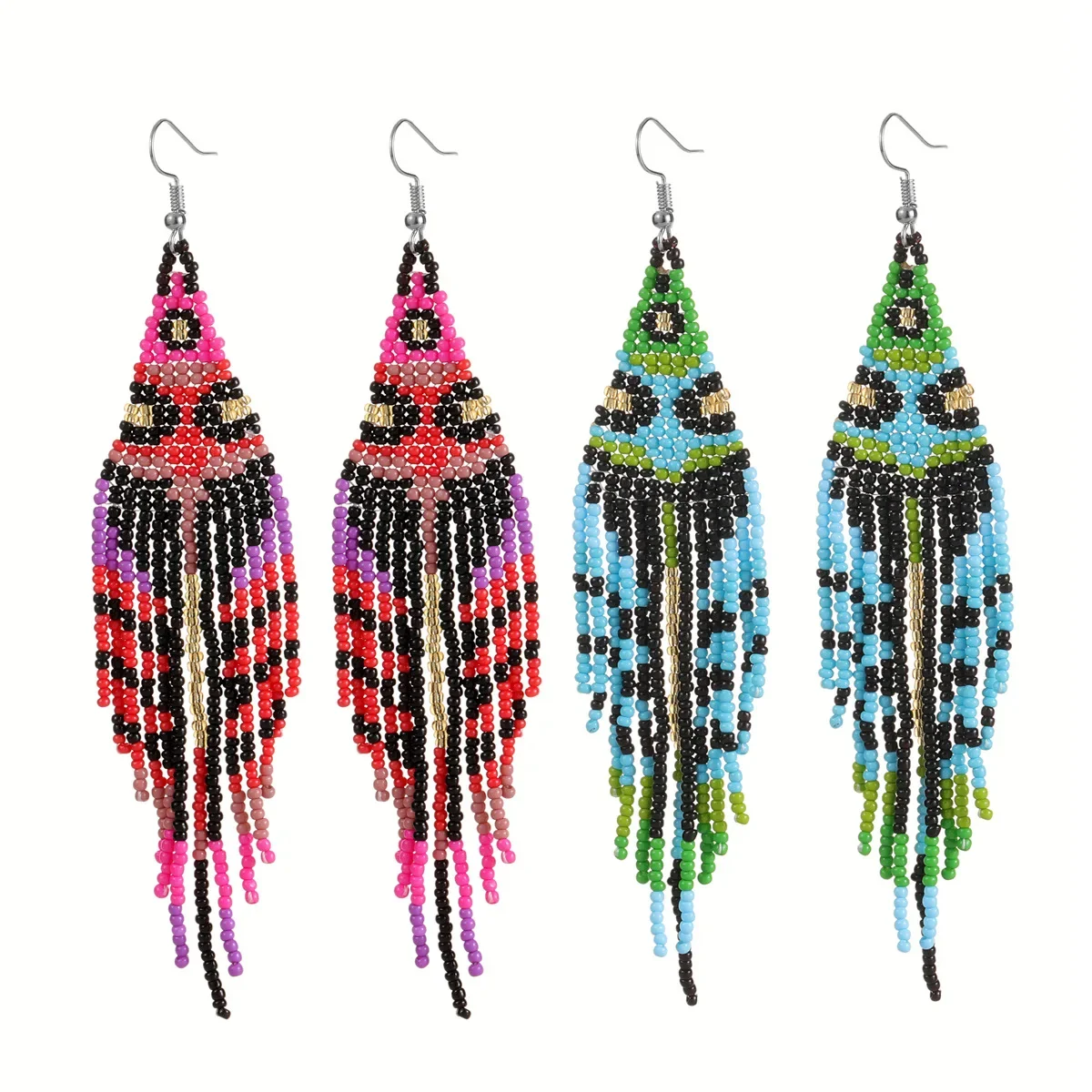 Boucles D'oreilles Plumes Multicouleur Avec Perles Et Cordelette - Métal Argenté - Neuf Avec étiquettes - Style Bohème