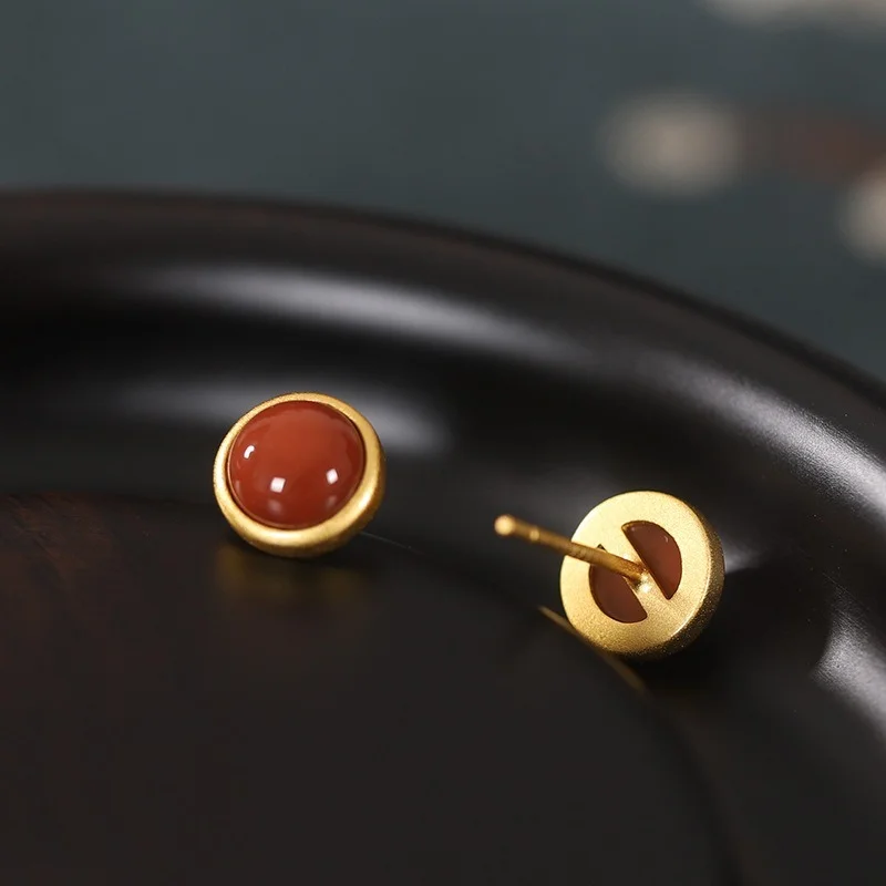 S925 sterling silver inlaid with natural south red agate, Hotan jade and pine stone. Round egg Earrings women's gold plating
