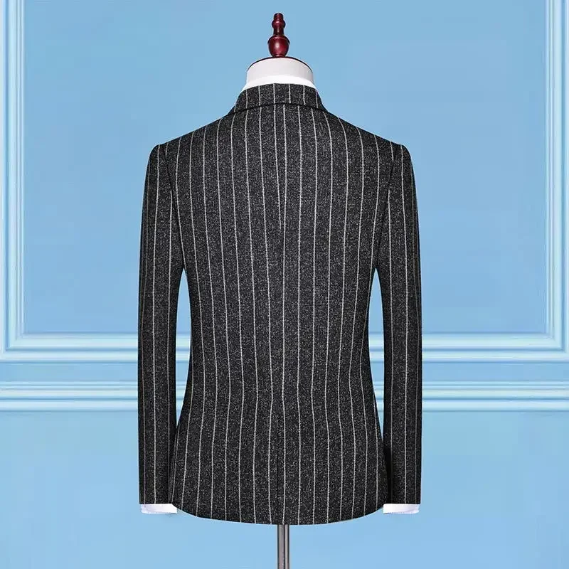 Formal Suit (suit + Vest + Trousers) Single Button Fashion Business Vertical Stripe Gentleman Suit Korean Suit Three-piece