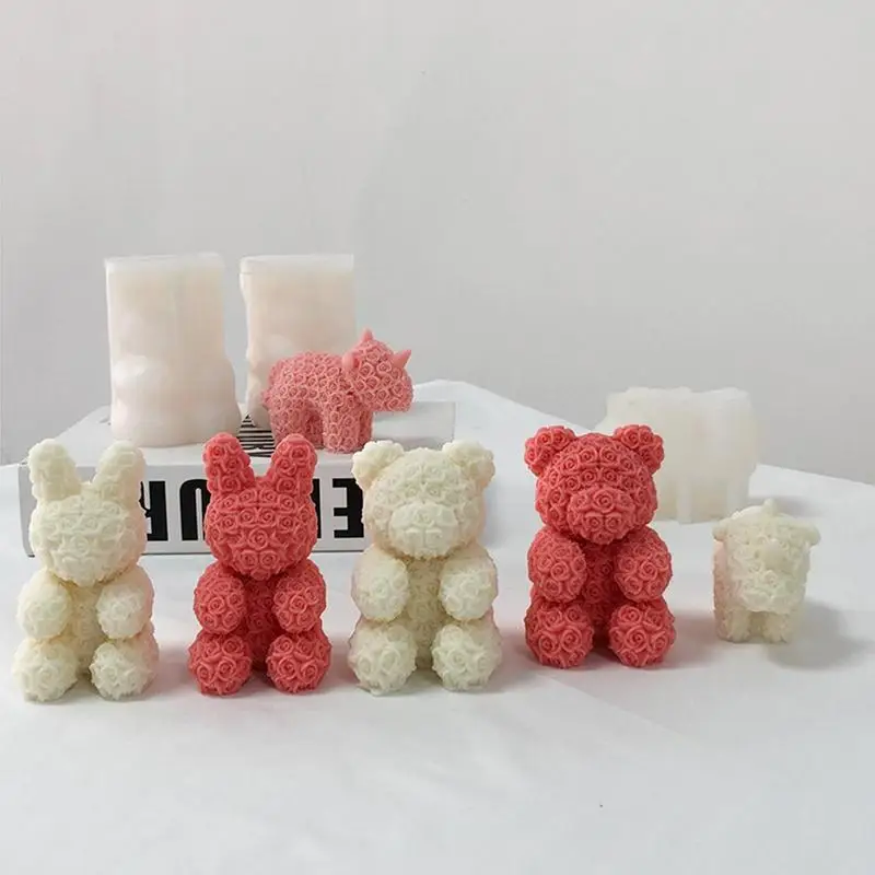 3D 곰 몰드 실리콘 귀여운 3D 곰 향 캔들 몰드, 엠보싱 꽃 곰 수지 동물 실리콘 몰드, DIY 음료 얼음