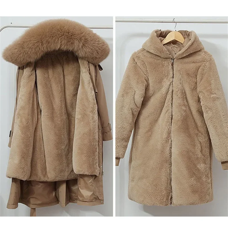 Giacca invernale Parka da donna fodera in pelliccia calda spessa Parka lungo cappotto imbottito in pile con cappuccio femminile capispalla Distachable 5XL