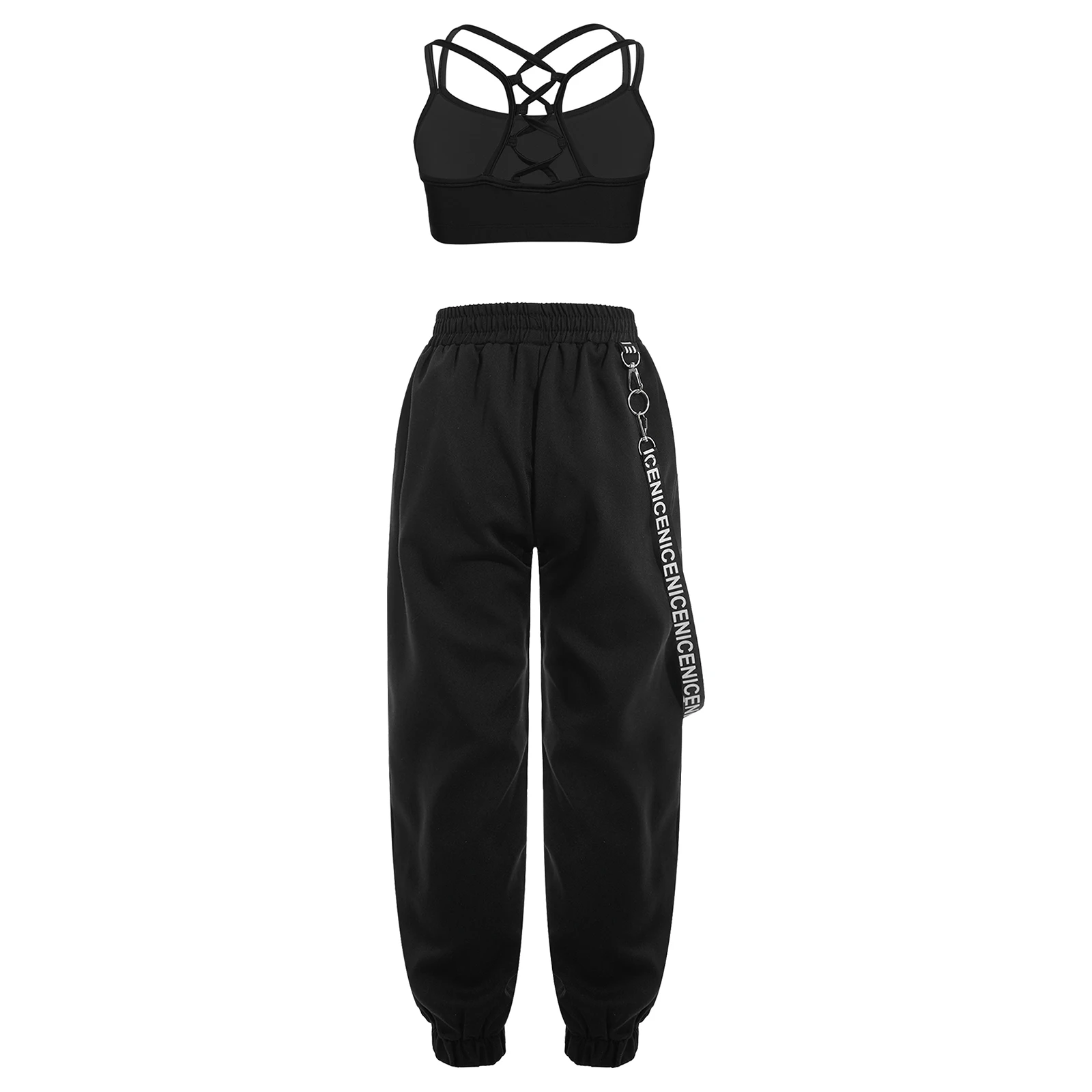 2pcs Kids Girls Sports Suits Sleeveless Strappy Back Crop Top with Elastic Waistband Chain Pocket Pants for Dance Performance