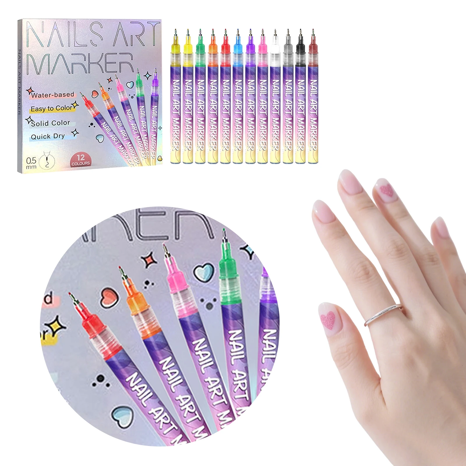 12색 0.5mm 네일 아트 펜 세트 DIY 속건성 그라피티 도팅 포인트 라이너 펜 드로잉 페인팅 DIY 네일 아트용