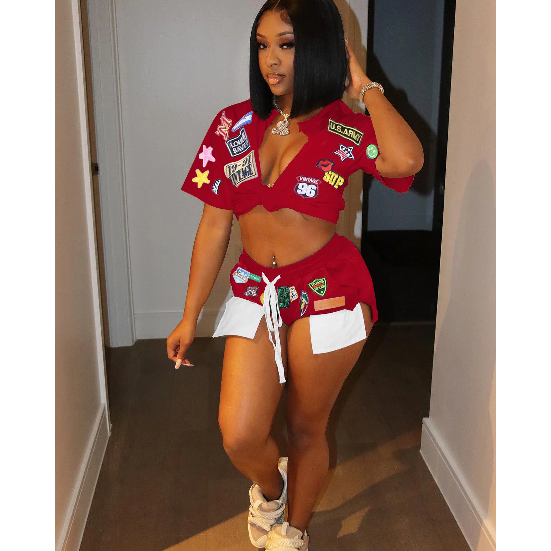 

Women Casual Two Piece Matching Sets Printed Short Sleeved Shorts Suit Tracksuit 2023 Summer Streetwear Clothes Luxury Outfits