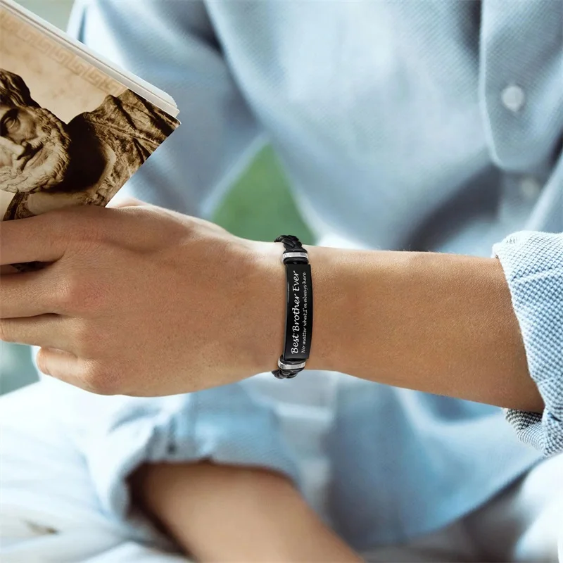 Personalized Leather Bracelet for Men Stainless Steel Custom Engraved Name ID Bracelet Gift for him Customized Wristband Gift