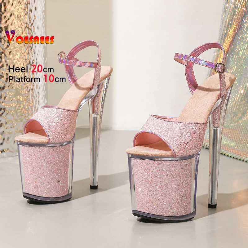Pink Ankle Strap Platform Sandals 20CM Super High Heel Glitter sequin Crystal Model Catwalk Show Shoes Summer Pole Dance Heels