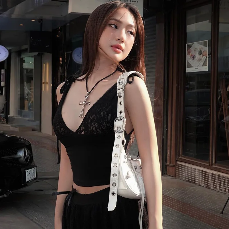 

Women's 2023 Autumn Strapless Backless Street Hipster Slimming Micro-elastic Solid Color Short Halter Vest Tops Women Traf