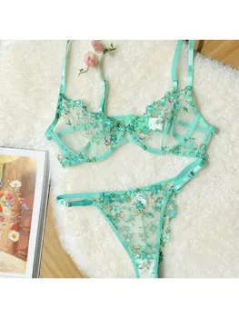 YUQI French Style Luxury Lingerie-Floral Embroidery Black Sheer Bra Set, Sensual Women's Intimates Elegant Transparent Underwear