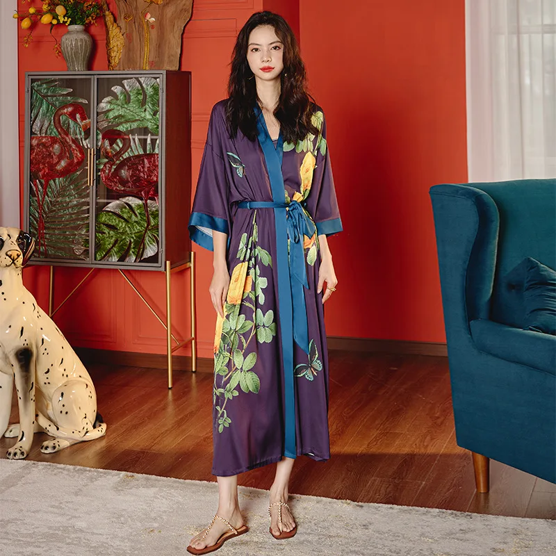 Purple Floral Luxury Robes Women Night Dresses Plus Size Long Bath