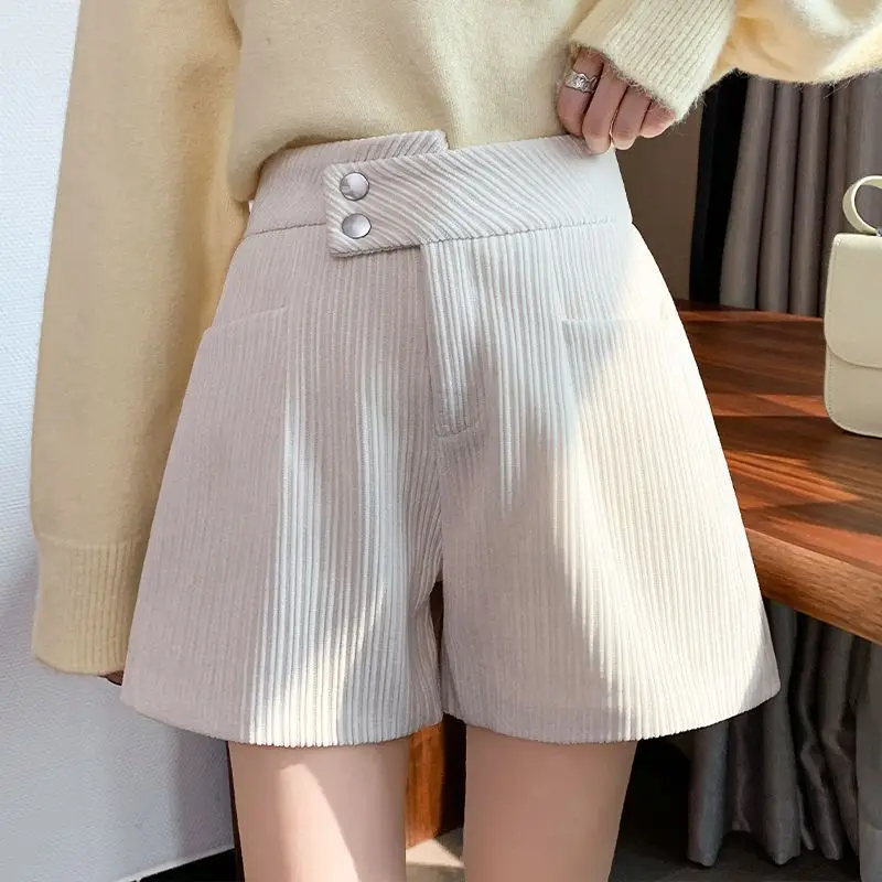 Women's Clothing Solid Straight Autumn Winter Thin Fashion Femme Buttons Wide Leg Pants Casual 2023 New Casual Pocket Shorts