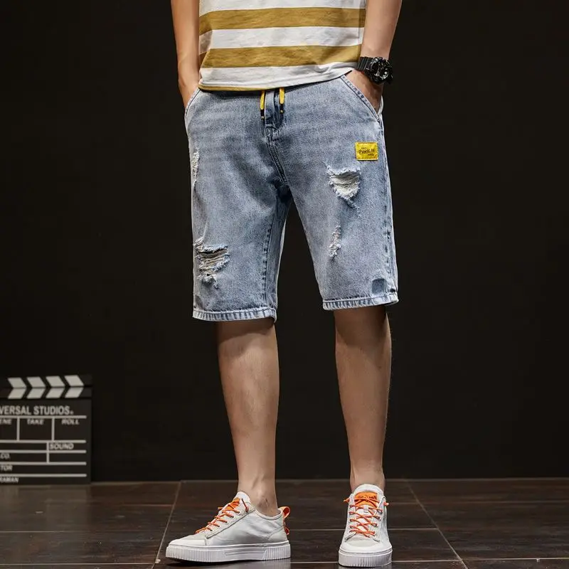 Men's Summer New Thin Five Piece Pants Elastic Waist Drawstring Hole Loose Plus Size Trend Pants Casual Fashion Men Clothing