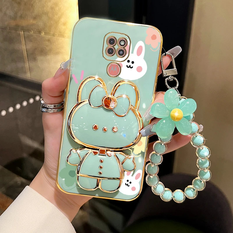 Elegant Flower Strap Makeup Mirror Rabbit Phone Holder Case - Stylish Stand Cover