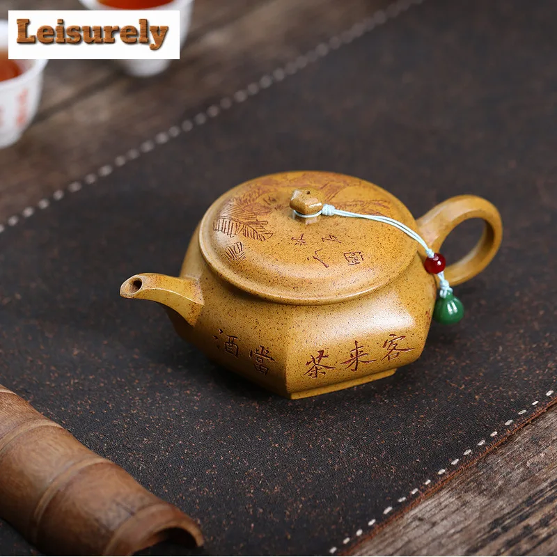 220ml Vintage Yixing Purple Clay Teapot Artists Handmade Hexagonal Open Oven Pot Raw Ore The Keel Gold Sand Kettle Zisha Tea Set