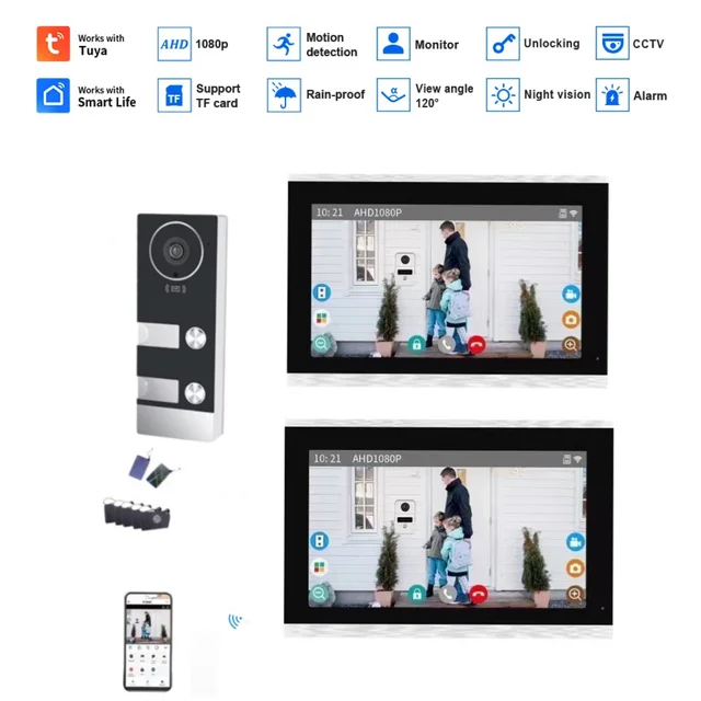 2/3/4 Multifamily TUYA WiFi Video Doorphone Building Intercom Kits 7/10 Inch Screen Monitor Door Bell APP Card Unlock Apartment 3
